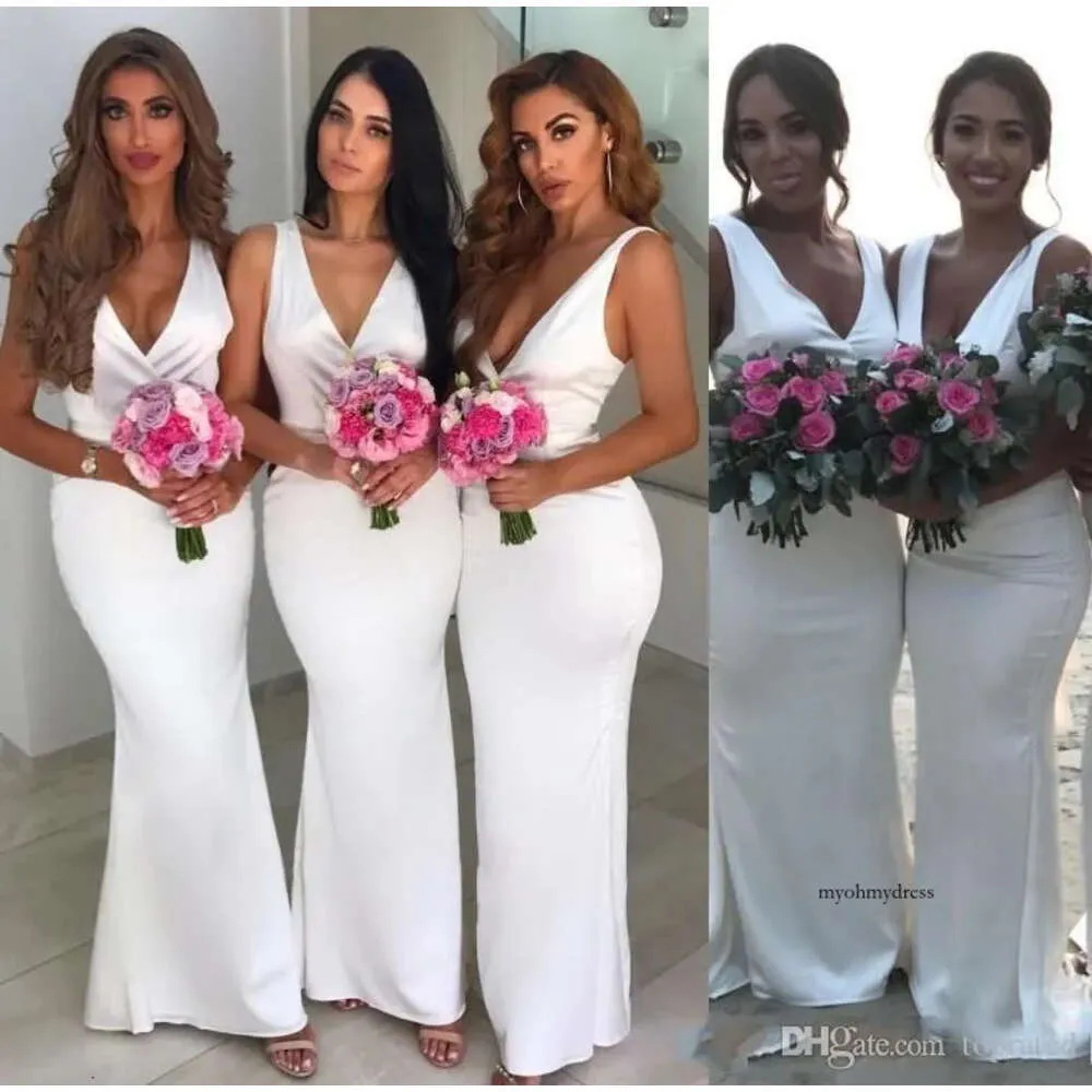 Elegant Mermaid White Bridesmaid Deep V Neck Sleeveless Long Sweep Train Plus Size Maid Of Honor Wedding Guest Dresses Custom Made 0430