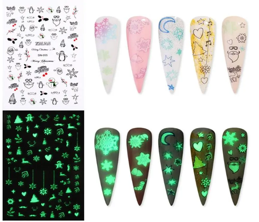 Stickers stickers 1 vel 3D Lumineuze nagel zelfklevende wateroverdracht kerstkunst sneeuwvlok vlam manicure9936376