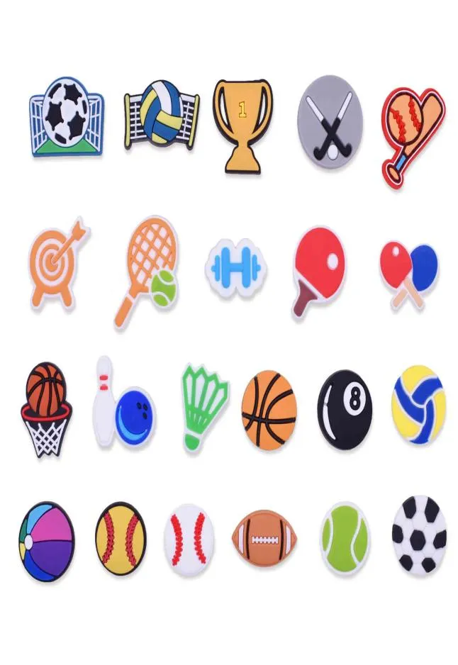 22-132PCS Mix Cartoon Sports Badminton Pingpong PVC Shoes Charms för Decor Boys Gifts Basketball Shoe Accessories2301300