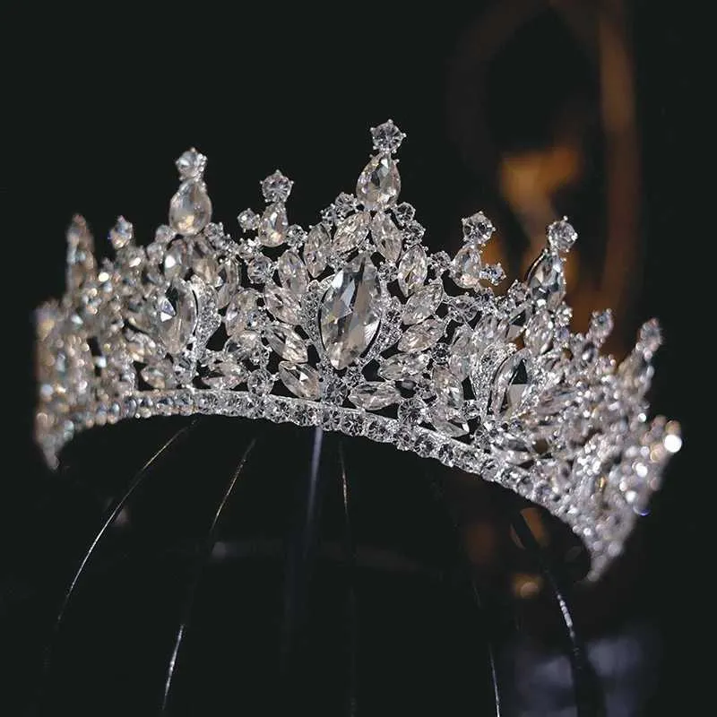 Tiaras Korean Luxury Queen Water Drop Silver Color Tiara Crown For Bridal Women Girls Wedding Princess Party Hair Dress Jewelry