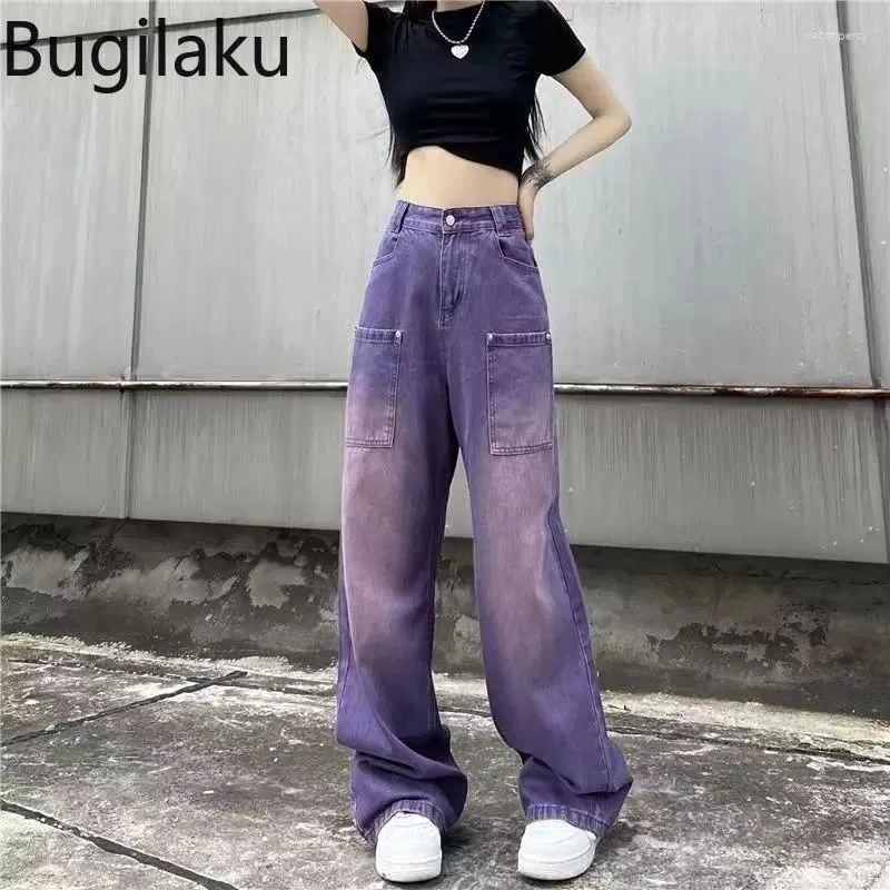 Jeans femminile bugilaku streetwear in difficoltà di jeans da donna tasche a vita alta pantaloni casual dritti femminile