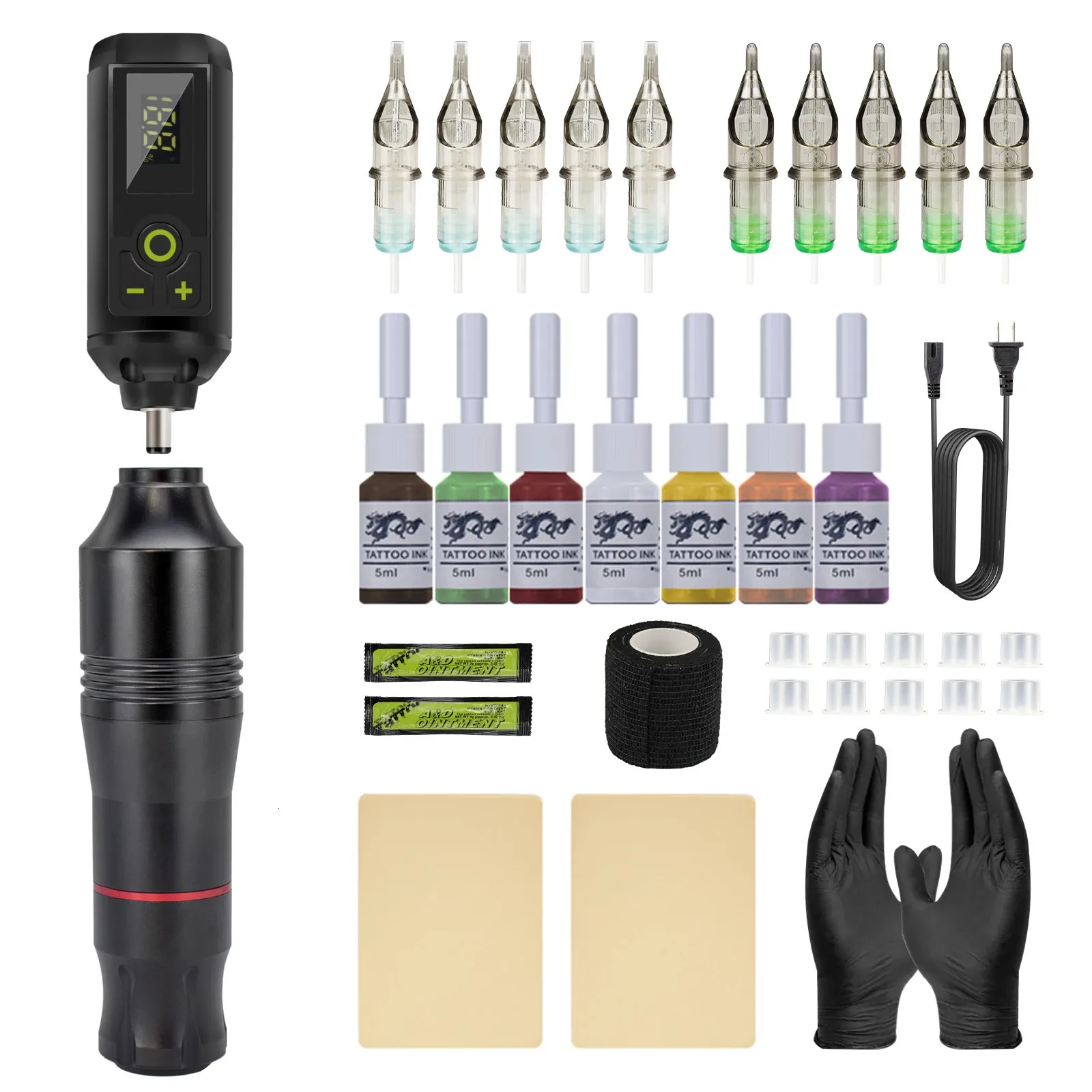Professione Wireless Tattoo Machine Pen Pen Kit Intelligent Digital Display Digital Alimentatore Kit Kit Gun con cartuccia 240416