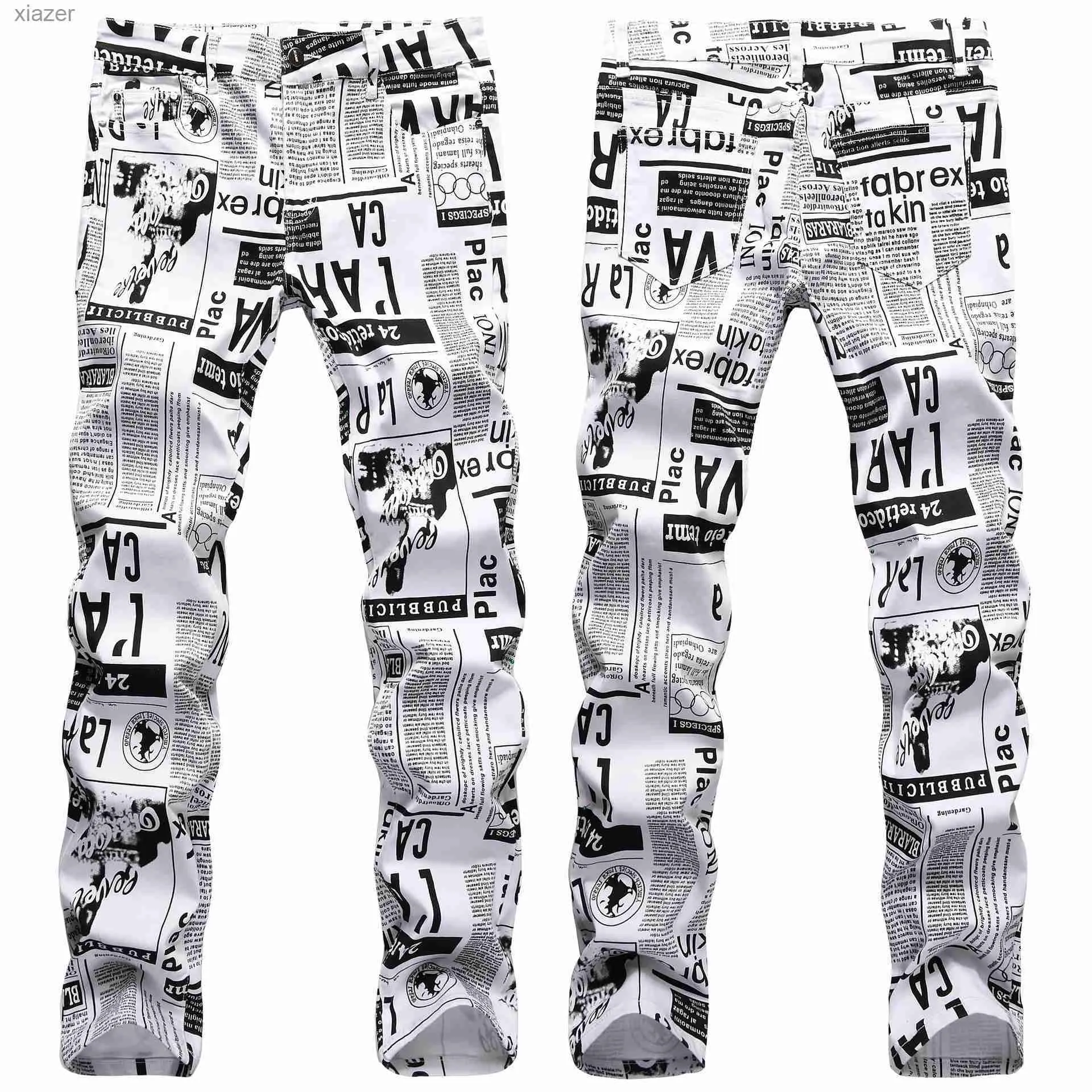 Herren Jeans Herren hochwertige Street Fashion gedruckt Jeans Slim Fit Elastic Denim Pants Zeitungsmalerei Party Jeans coole Freizeitjeans;Wx