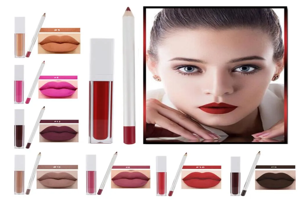 Hela kosmetiska anpassade makeup Lip Kit Lipliner Lipstick Set No Logo 17 Colors Matte Lip Gloss Lipliner Set Private Label Liquid5568599