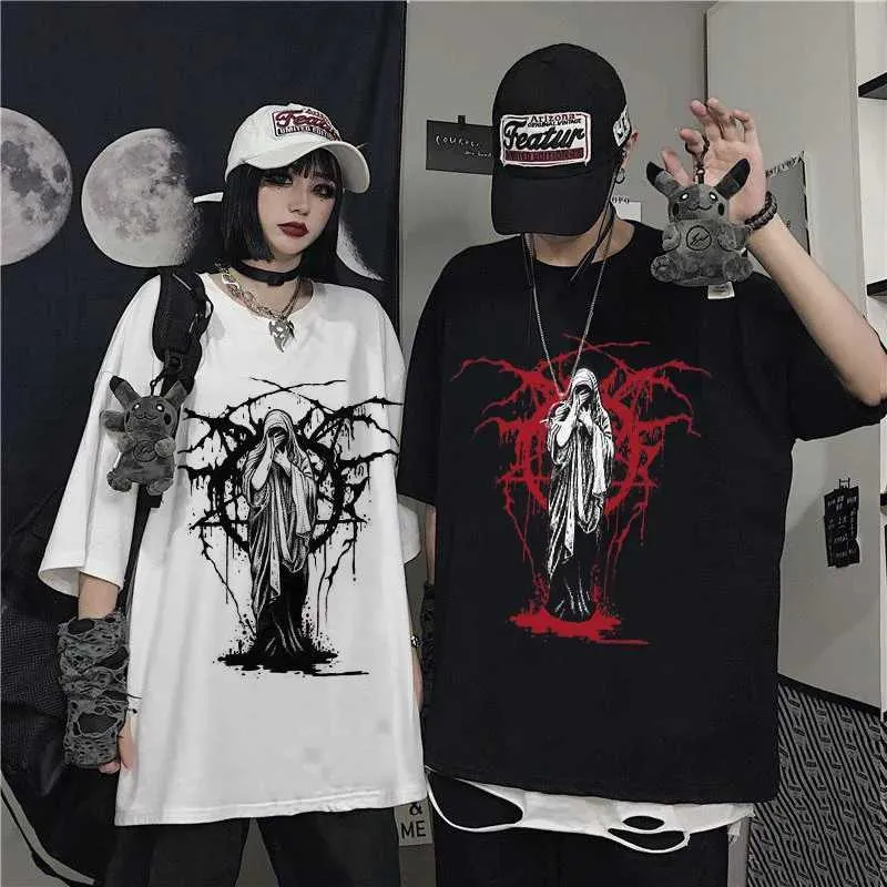Herr t-shirts överdimensionerade t-shirt kvinnor sommar punk harajuku mörk goth vintage toppar kort slve plus size casual lös mode t-shirt t240425