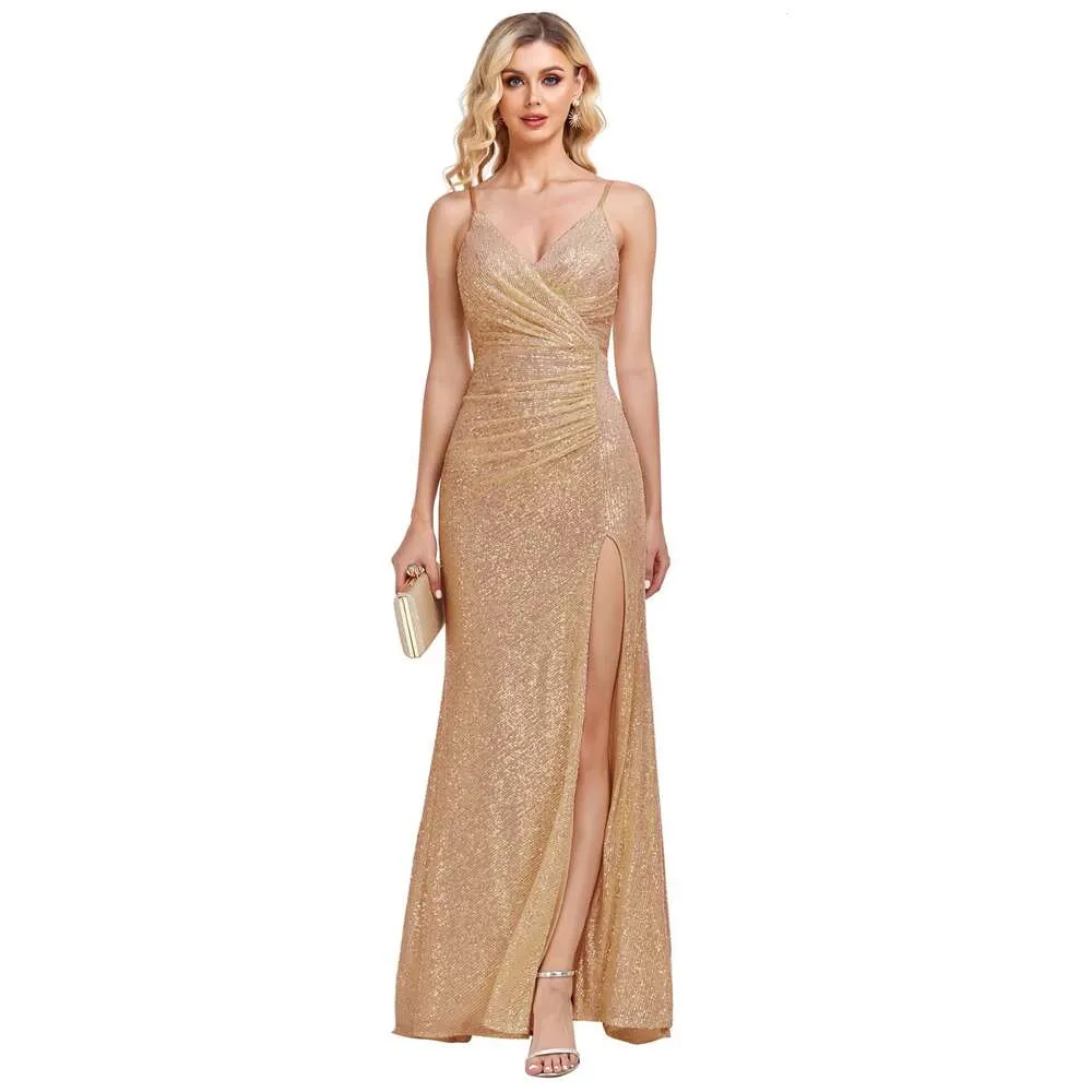 Neck Sequin V Prom Long Split Mermaid Formella klänningar för kvinnor glittrande spaghettirem Aftonklänning Prom