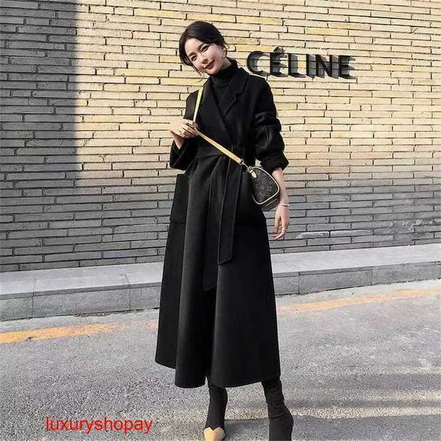 Maxmaras Womens Cashmere Coat Samma Hepburn Style Black Slimming Doubleided Wool med midjeband på topp pyjama Woolen RJV0