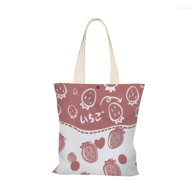 가방 프레피 스타일 딸기 프린트 귀여운 어깨 여성 고품질 캔버스 대용량 레저 쇼핑