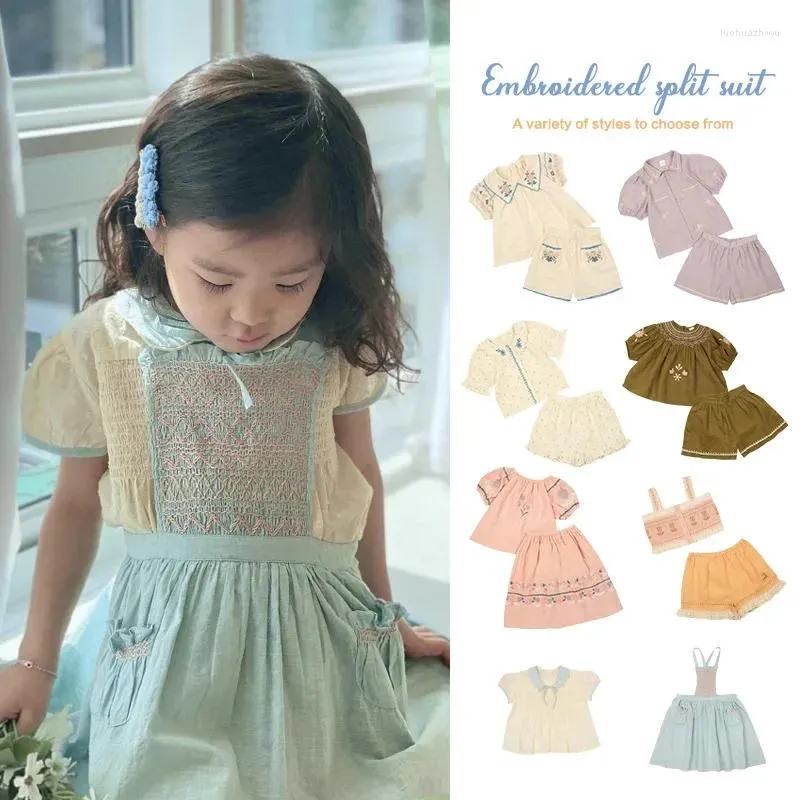Clothing Sets Apo Summer 2024 Girls' Set Same Style Pastoral High Definite Heavy Duty Embroidery Top And Shorts Two Holiday