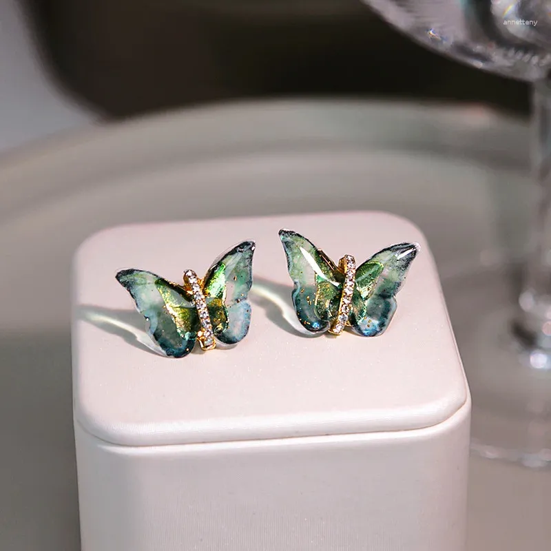 Stift Ohrringe 925 Silbernadel Bunte Schmetterling leichte Luxus -Diamanten Semitransparente Waldserie Kleine Frisch und Simple