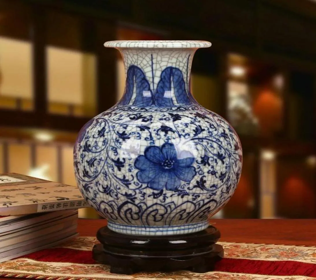 Wazony jingdezhen ceramiczny ręcznie malowany zabytkowy niebieski i biały crack glazurowy wazon nowoczesne chińskie ozdoby klasyczne 3511464