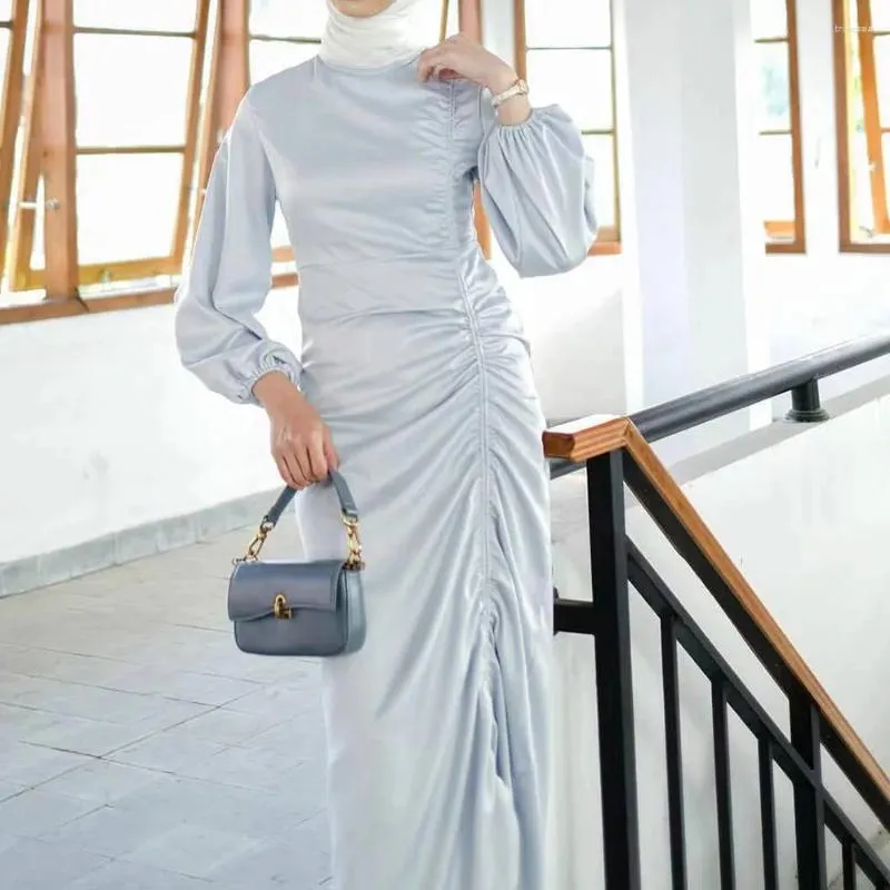 Ethnic Clothing Fashion Malaysia Elegant Satin Body-con Pleated Long Maxi Slim Muslim Dress For Women