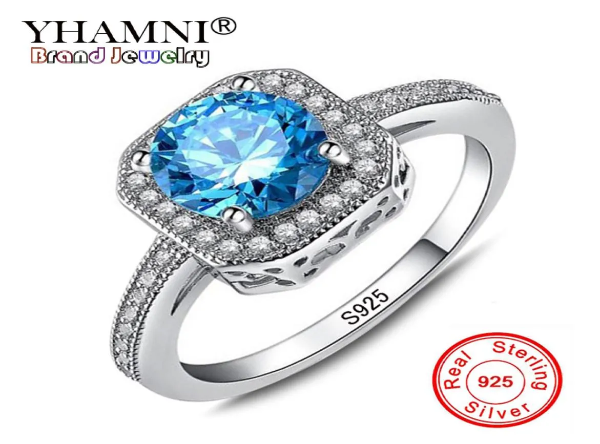 yhamni luxury 1ct 6mm天然青い宝石リング女性のための本物925スターリングシルバーCZダイヤモンドエンゲージメントウェディングリングKR1544716516