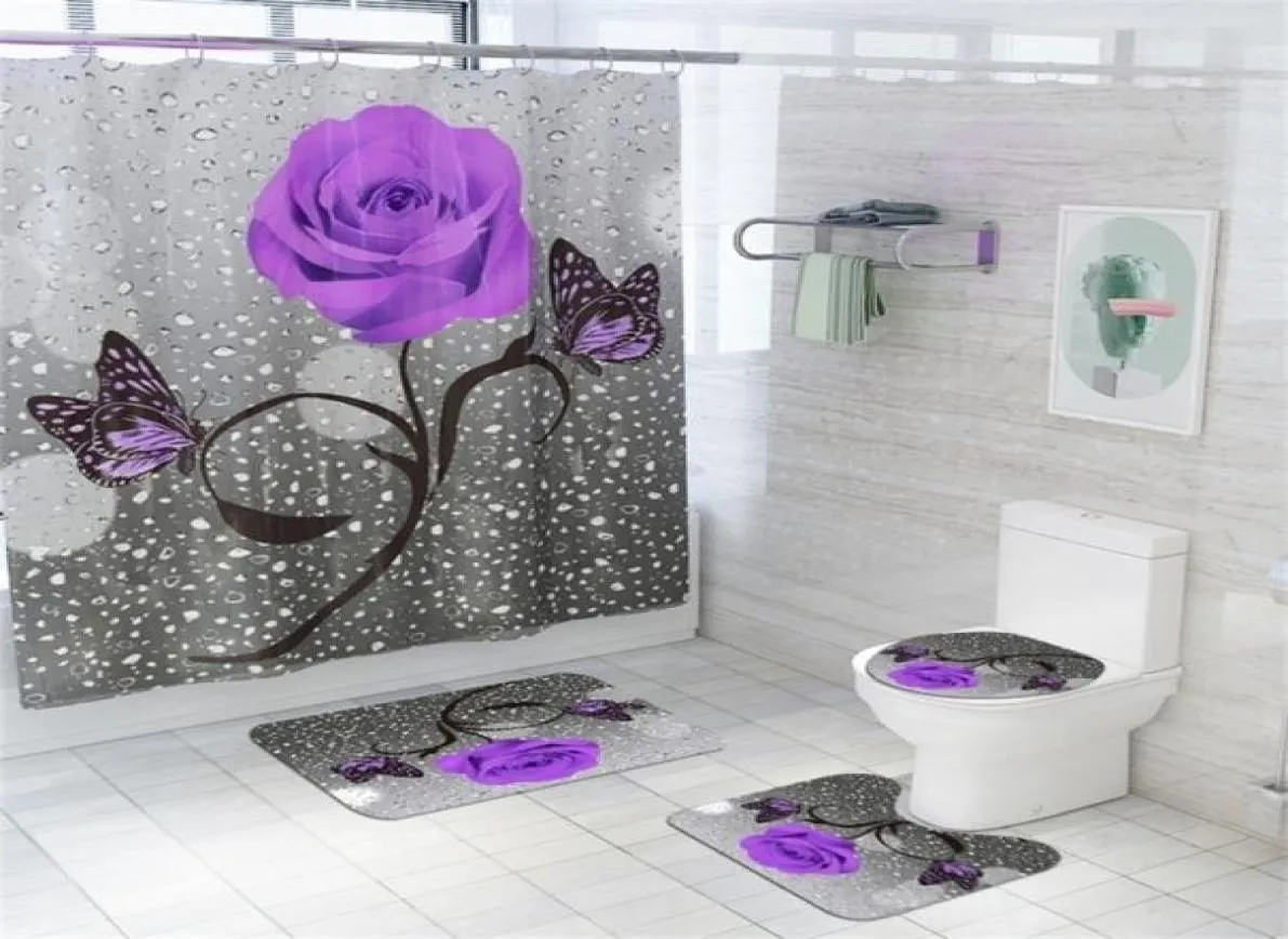 Tapis de bain à floral et rideau de douche rideau de douche ensemble avec crochets tapis de bain anti-dékid.