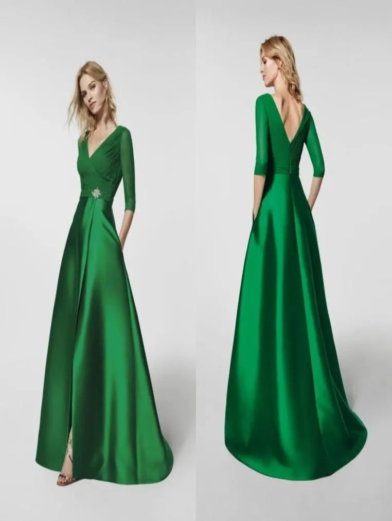 Top Quality Special Occasion Dresses V Neck A Line Gathered Bodice Split Skirt Emerald Green Elegant Evening Formal Dresses 2018 w9328619