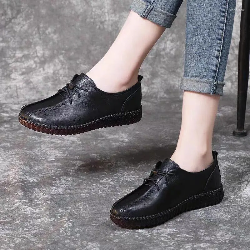 Casual Shoes Women 2024 Spring Vintage Lace Up miękki podeszwy non slip Flats Oxford Leather Woman Single