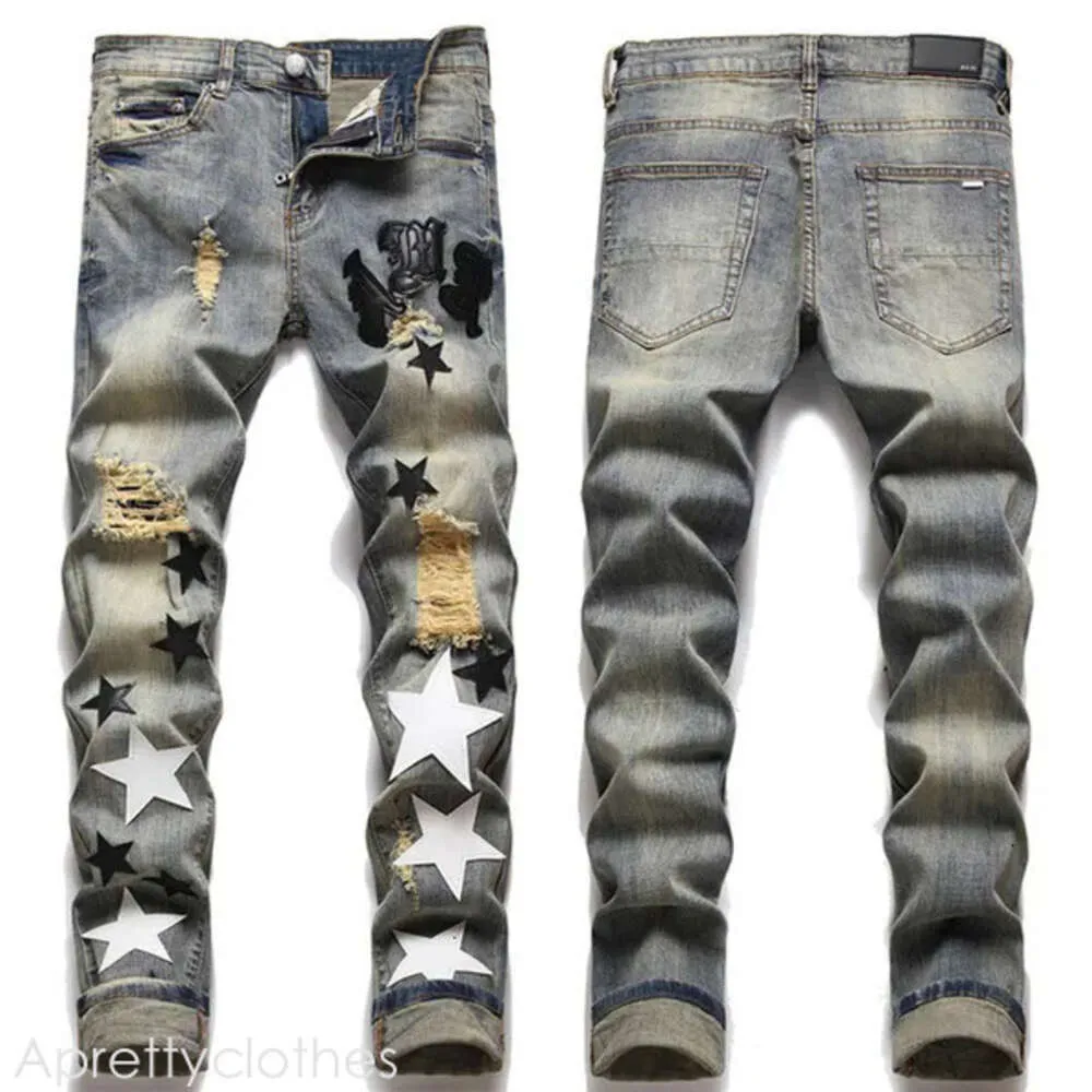 Amirir Jeans Jeans Jeans étoile Broidered Ripped Hole Pantal Motorcycle graphique Slim Fit Hip Hop Streetwear Punk Denim Pants 254 Amirir Shoe