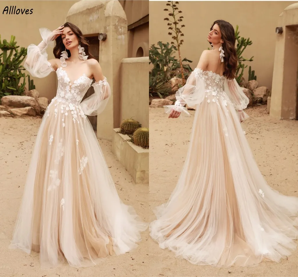 Champagner Blumenspitze Eine Linie Brautkleider mit abnehmbaren langen Ärmeln Schatz sexy Brautkleider Romantischer Tüll Sweep -Zug Plus Größe Vestidos de Novia Cl3544