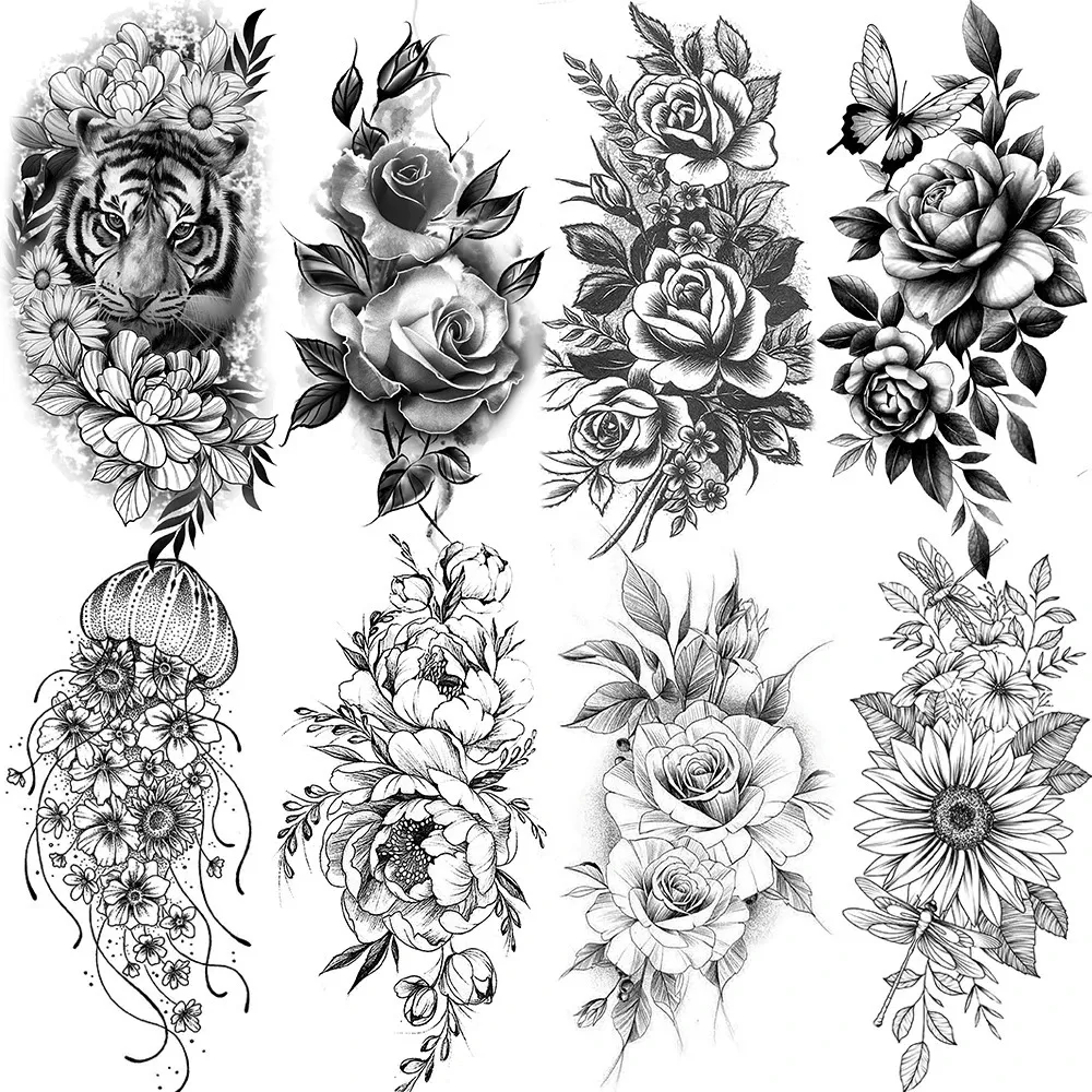 Realistische schwarze Rosenblume Temporäre Tattoos falsch wasserdichte Tatoo Körperkunst Arm Bein Blumenblätter Bloosom Tattoo Aufkleber Make -up 240423
