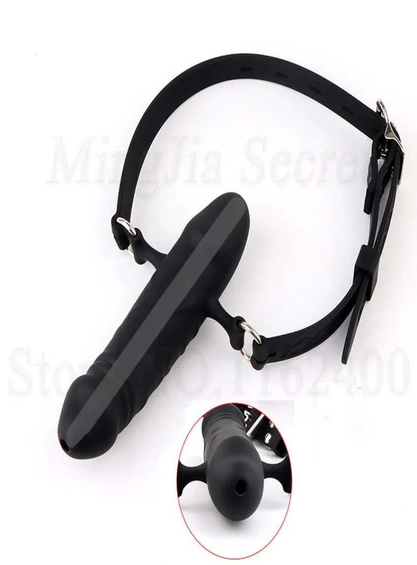 Silicone DoubleEnded Hollow Open Mouth Gag Dildo Oral Harness Strap On Penis Plug BDSM Bondage Erotic sexy Toys for Couples1058607