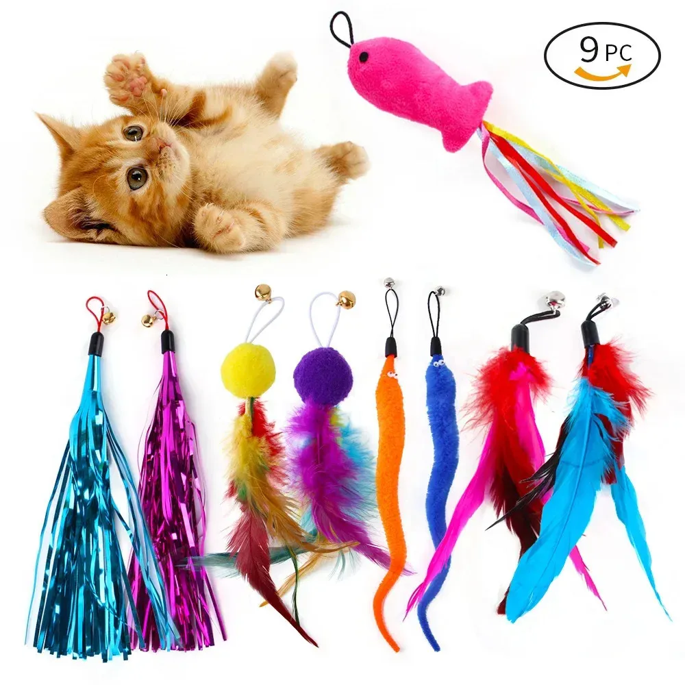 9 pack de remplacement de plumes coloré tête drôle de chat drôle de pêche à plumes Tassel Rod de chat de chat ensemble toys chat interactif 240429