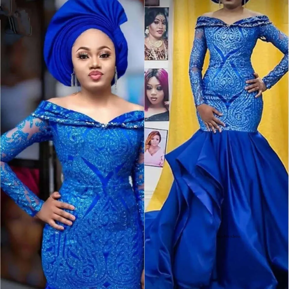2021 ASO EBI Royal Blue Mermaid Dress Abito a manica lunga Off Pace Shiny Lace Dresses Abiti Africano Abiti Formale Africani Abiti Formale 0431