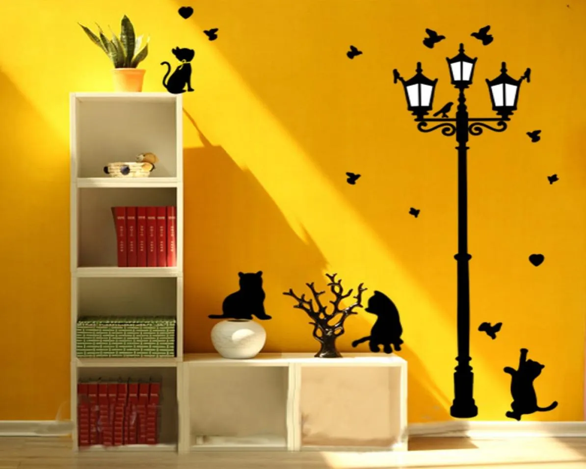 Ondeugende zwarte katten vogels en vintage straatlichtlamp diy muurstickers thuis decoratie woonkamer kinderkamer muursticker2133143