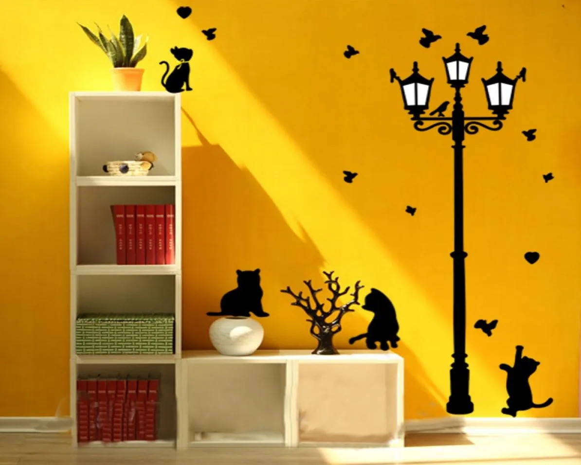 Naughty Black Cats Birds and Vintage Street Light Lampe Diy Stickers Wall Decoration Home Living Room Salle Sticker Wall Sticker2133143