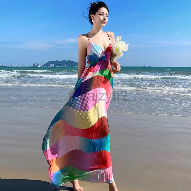 Basic Casual Kleider Designer -Kleid Sommerfarbe Palette Regenbogen Süßigkeiten Camisole Kleid für Frauen mit modernem Temperament, schlanker Fit, Schlanker und langes Faltenkleid im Stil