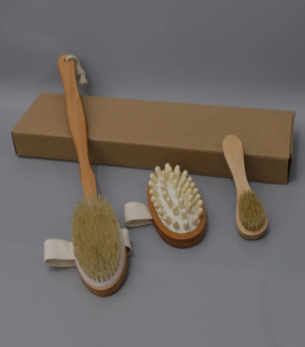 3pcSet Bath Brush Set Skin Dry Corps Soft Natural Bristle Brossle en bois Brosses de douche de bain Brosse de corps Spa avec poignée amovible D2339211