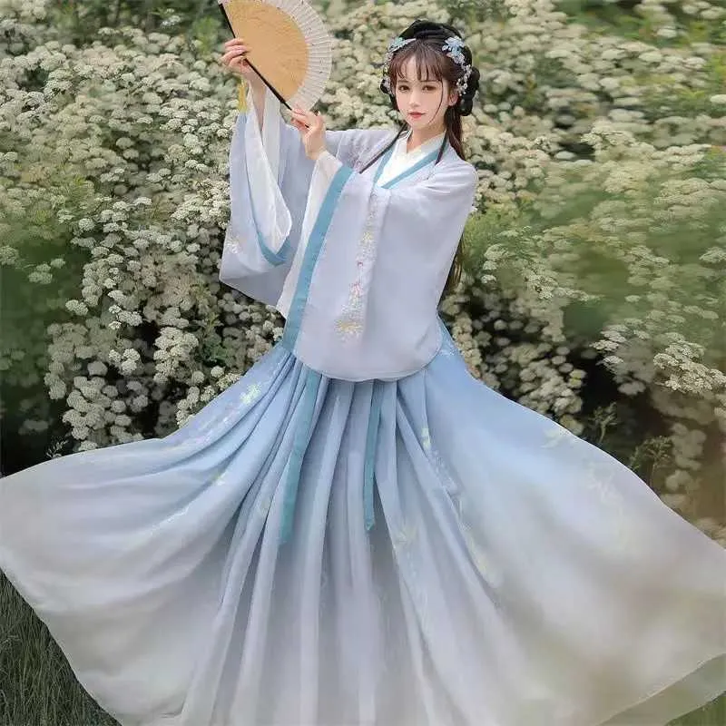 エスニック服hanfu女性中国の伝統的な刺繍ステージドレス女性妖精コスプレコスチュームハンフグラディエントブルーグリーン