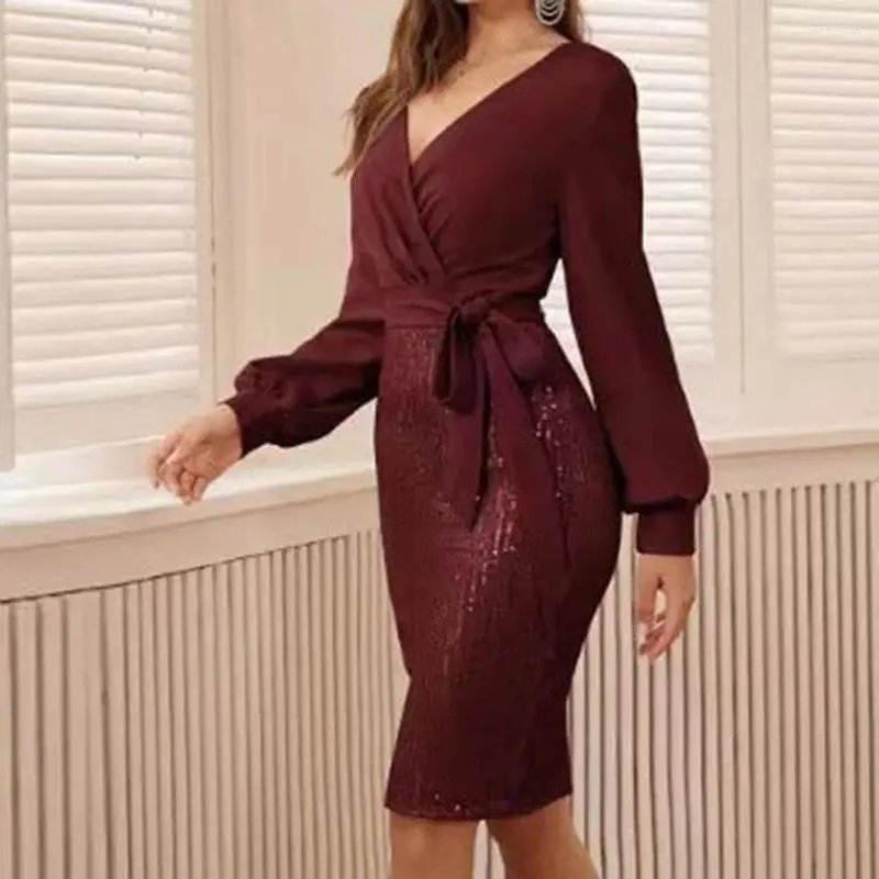 Casual Dresses Women V-Neck Dress Elegant Women's Sequin Splicing BodyCon with Belt For Evening Party Cocktail Deep V Neck Long Sleeve