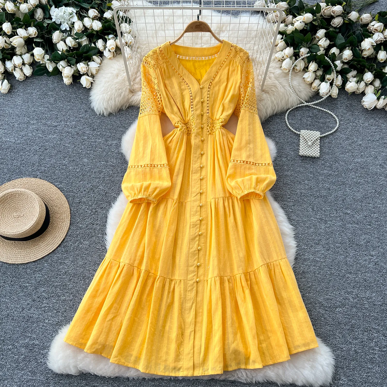 Save Big on Bulk Casual Knitted Dresses Lantern Sleeve Casual Dresses For  Ladies Elegant Crochet Lace Patchwork V Neck Pleated Midi Dress | Best  Deals ...