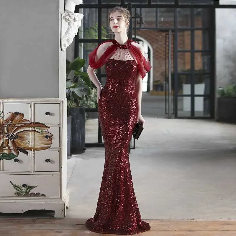 Runway Dresses Elegant Halter Neck Evening Dress Burgundy Sequin Dress  Beads Dress For Women Party Long Prom Dress From Julia_dress, $48.67