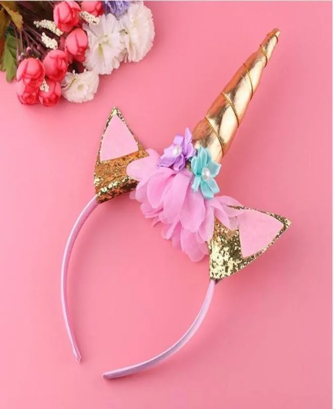 Handgefertigte Kinderparty Gold Einhorn Stirnband Horn Gold glitzernder Kopfbewegungshaarbänder Haarzubehör Goldsilver GA1695635534