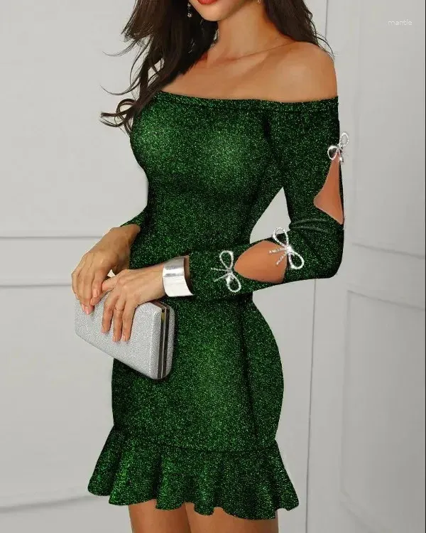 Abiti casual cutubamente mini donne donne feste notte elegante verde fuori spalla a maniche lunghe y2k abito sirena scintillante