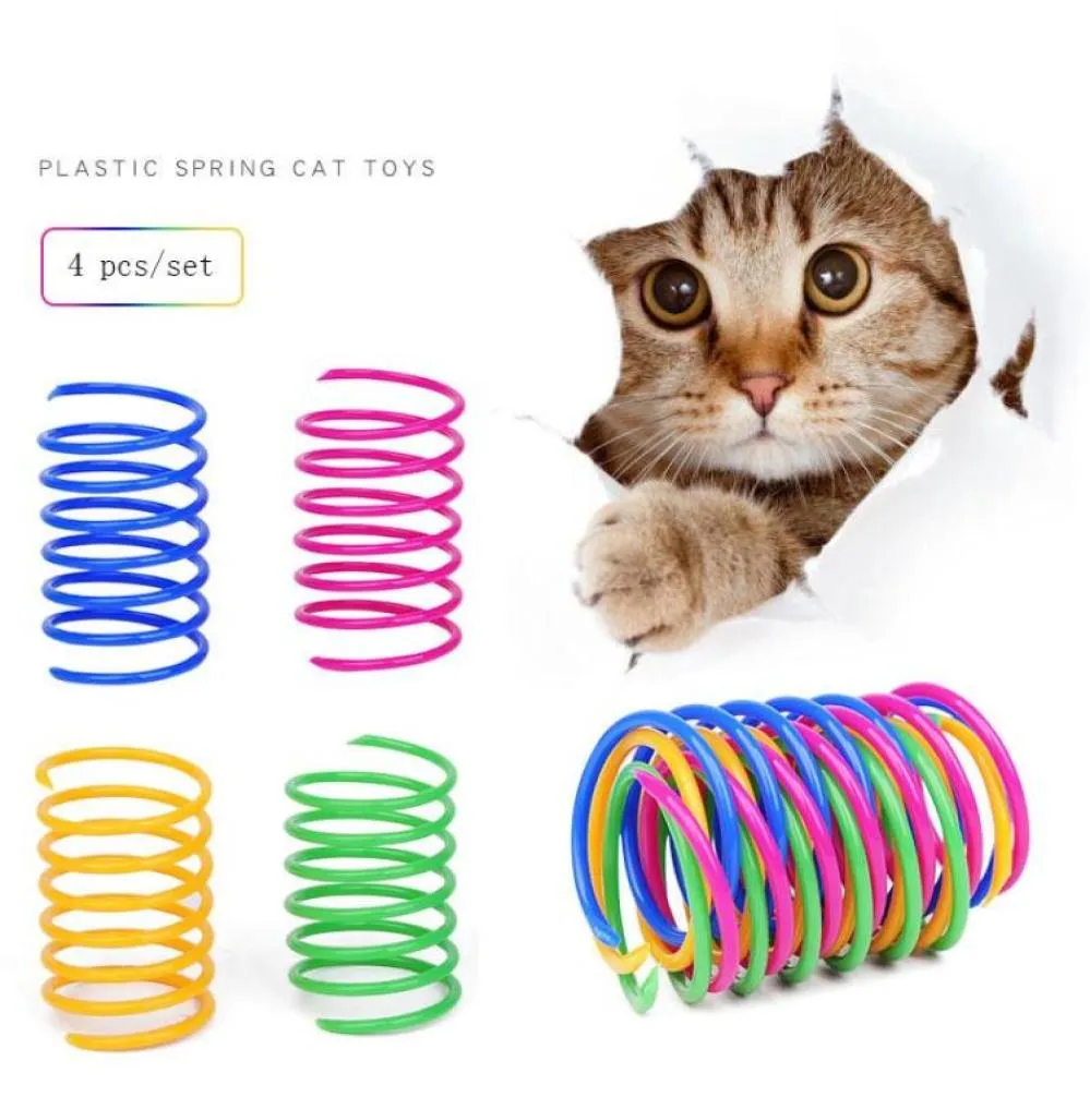 Schöne Katze kleine Haustierfarbe Plastik Federkatzen Spielzeug schlägen Haustiere liefert Kunststoffmaterial vier gemischte Farben pro Set xg01723582070