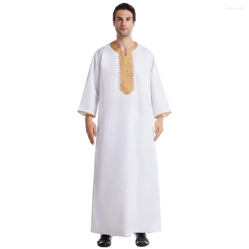 Abbigliamento etnico uomini islamici musulmani saudita thobe rotonda collo thobe ramadan dubai ricamo kaftan thawb caftan lungo maxi abito medio Oriente