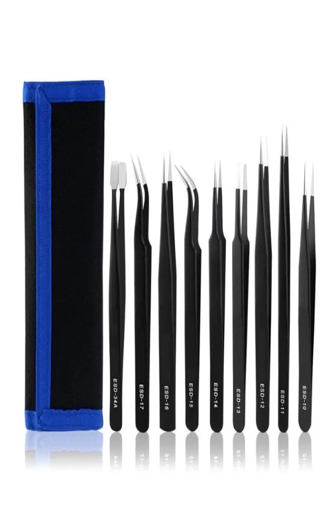 Esd Tweezers de aço inoxidável antiestático 9pcs Canvas de couro Conjunto de saco de precisão Tweezers Kit para reparo eletrônico de objetos 5026542