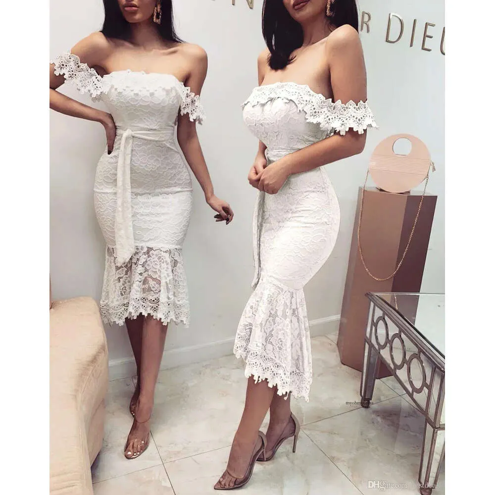 Charming Mini Short White Lace Women Formal Dress Prom Gown Sexy Mermaid See Through Top Tail Dresses Robe De Party Gowns 0430