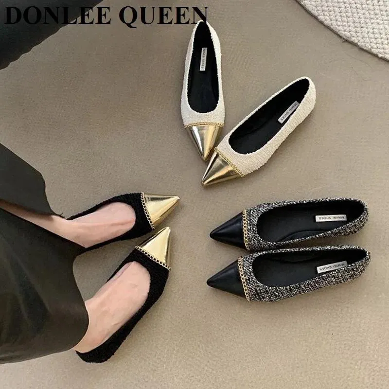 Casual schoenen vrouwen flats ballet puntige teen ondiepe vrouwelijke zachte ballerina 2024 herfst schoenen in merk ketting loafers zapatillas mujer