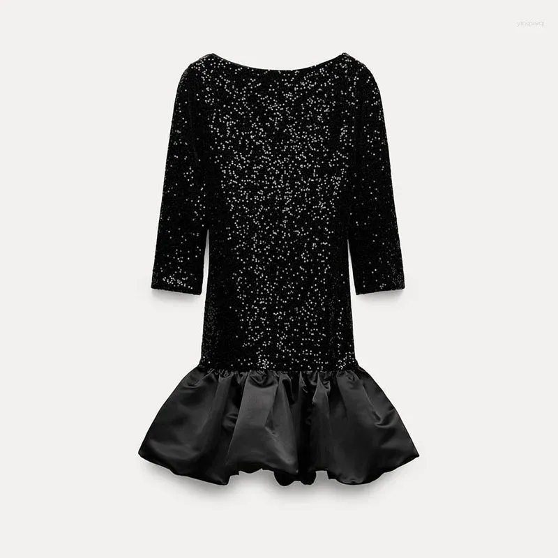 Casual Dresses Women's Sequin Fluffy kjol Black Backless Dress Wide Neck Elegant Short Sparkling Party Vintage Spring