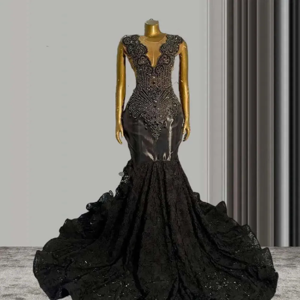 Elegante zwarte pailletten kralen Mermaid prom jurken 2024 sexy pure mesh handgemaakte bloemen verjaardagsfeestjurken forblack girl 0431