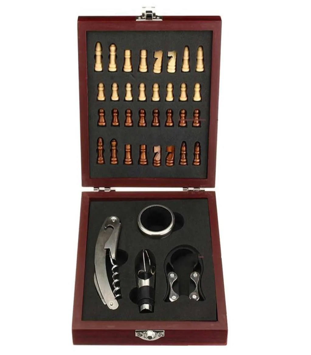 Thuisbezoek pourer tin folie snijder met schaakkurkencrew vintage cadeaubox cork game wijnopener tool set houten bord accessoire t2005099603