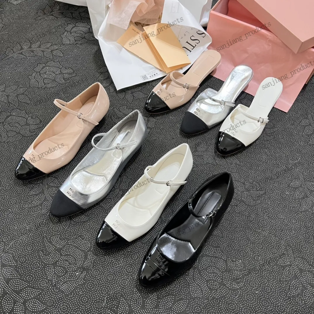 Leer MM Brand Pumps Metal Buckle-verrijkte sandalen kitten hiel miui dames luxe ontwerper puntige teen avond feestschoenen Mary Jane Sandaal slippers ballet flat