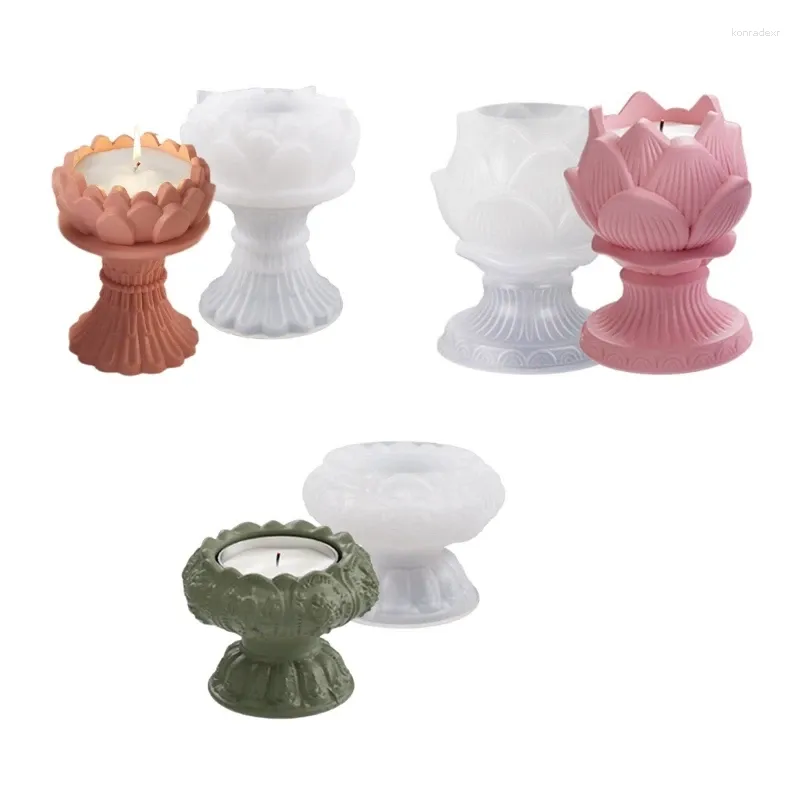 Keychains 652F Lotuses Candle Holder Silicone DIY Flower Candlestick Concrete Molds Flowerpot Plasters Mould Jewelry Storage Bowl