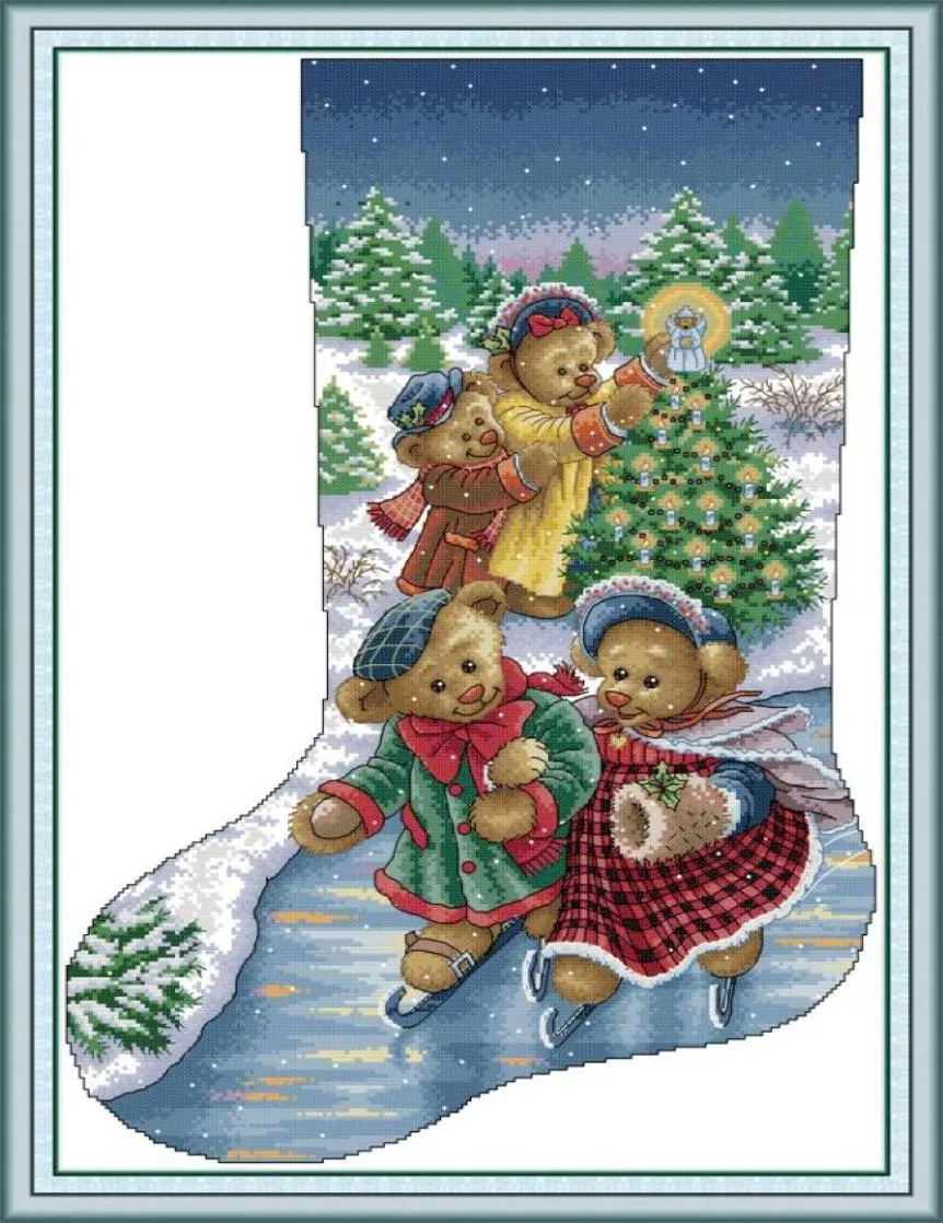 Bears Christmas Stocking home decor painting Handmade Cross Stitch Craft Tools Embroidery Needlework sets counted print on canvas1257818