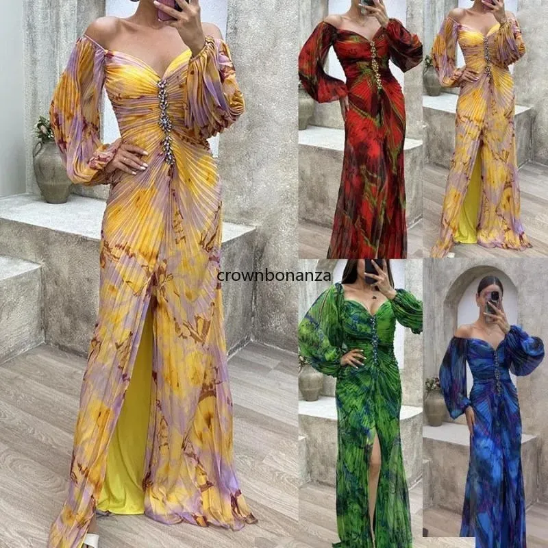 Casual Dresses V-Neck Sexy Split Maxi Dress Spring Autumn Loungewear Fashion Party Long Sleeve Folds Printing Ladies Holiday