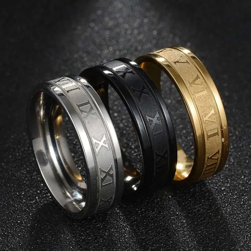 Bands anneaux vintage Roman Digital Ring Temperature Fashion 6 mm de large en acier inoxydable Couple pour hommes bijoux bijoux d'anniversaire cadeau Q240429