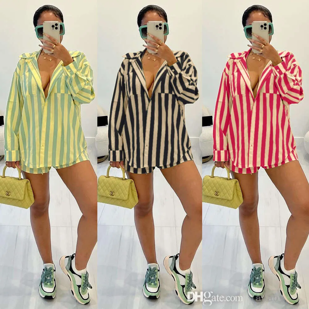 2024 Spring Summer Tracksuits Fashion Striped 2 -delige set Vrouwen lange mouwen Losse shirt en shorts Casual 2pcs jogging pak sets voor vrouwelijke outfits